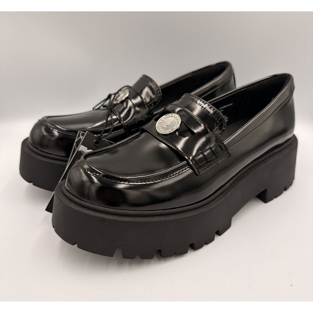 Madden NYC Women’s Coin Platform Lug Sole Penny Loafers Black Patent Size 9 NWT